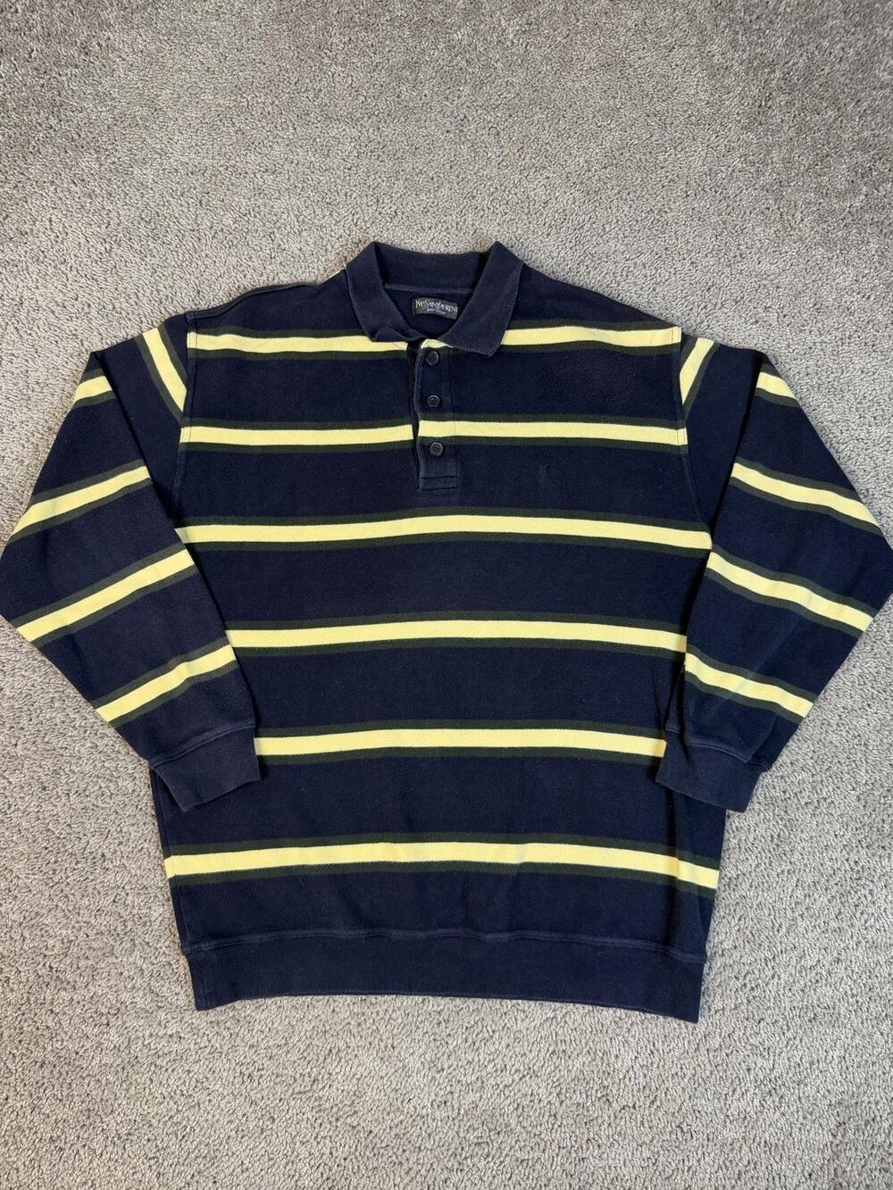 Yves Saint Laurent Polo Shirt Mens XL Blue Striped Long Sleeve 100% Cotton